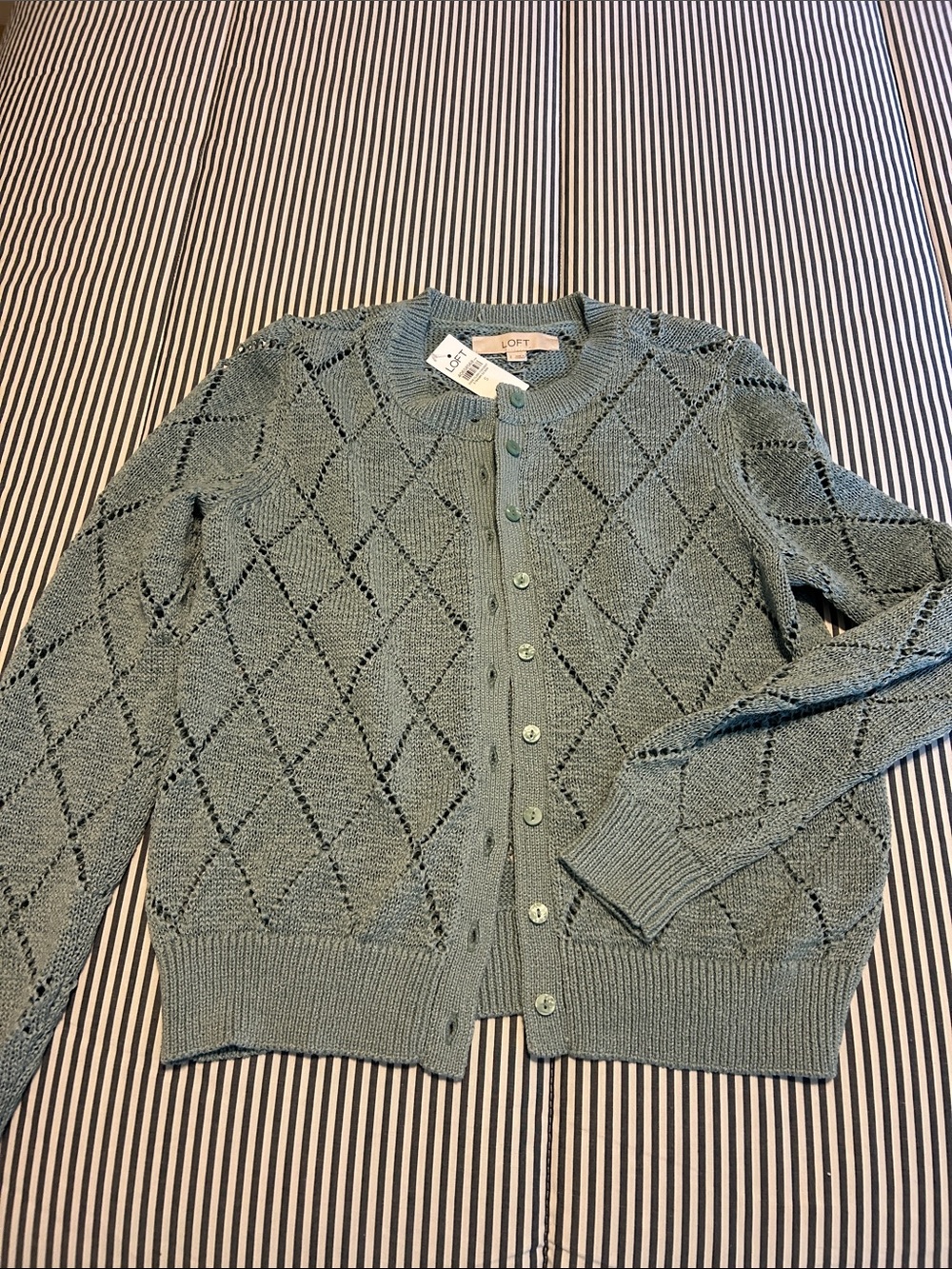LOFT Blue/Green/Aqua Pointelle Knit Button-Up Cardigan Size S NWT